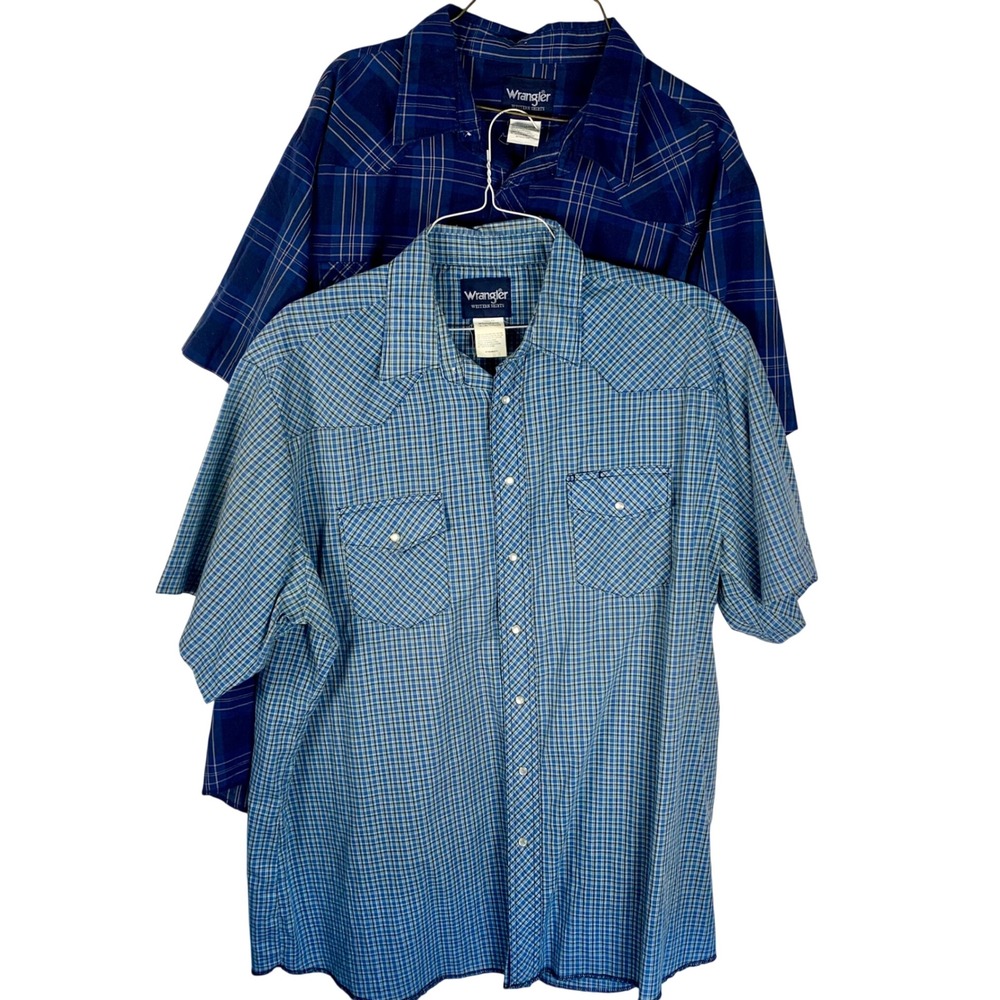 Wrangler 2XLT Snap Front Western Shirts Blue Plaid Lot of 2 Short Sleeves Tall